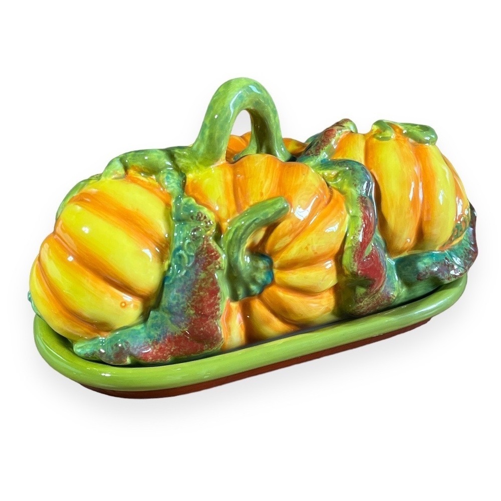 Vtg Essential Home Pumpkin Covered Butter Dish Ceramic Harvest Fall Thanksgiving